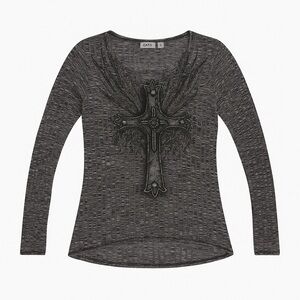 Cato Charcoal Long Sleeve Blouse with Cross Detail